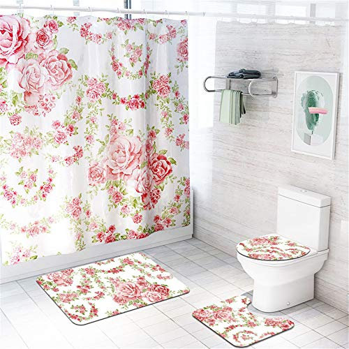 Enhome 4 Pcs Ensemble Rideau de Douche Salle de Bain Tapis Contour WC Tapis de Bain Antidérapant Couvre Couverture de Toilette Siège - Imprimé Floral (Rose Rose)