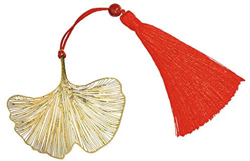 moses. Omm for you Metall-Lesezeichen Ginkgo | Zum Markieren der Seiten | Bookmark aus Metall in Gold | Mit Bommel-Anhänger in Rot