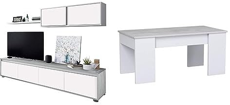 Habitdesign 016663L Mueble de salón Moderno, modulos Comedor Alida, Medidas: 43 cm de Altura x 200 cm de Ancho x 41 cm de Fondo (Blanco Artik y Gris Cemento) + Mesa de Centro Elevable