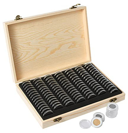 Ettonsun 100Pcs 30mm Coin Capsules Coin Collection Holders for Collectors Coin Display Case Storage Coin Collection Supplies, Coin Protectors with Adjustable Gasket (18/21/25/27/30mm) Wood Box