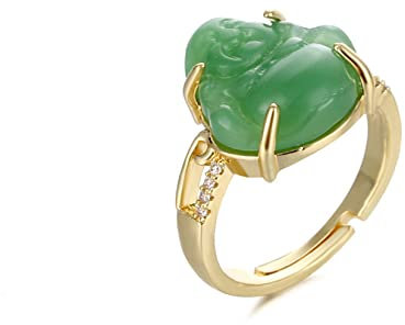 Gilieyer Lachender Buddha Ring, Vergoldetes Kupfer Modischer Zierlicher Grüner Jade Ring Zirkonia Edelstein Verstellbar Glücks Buddha Ring Amulett Schmuck für Damen und Herren (Grün)