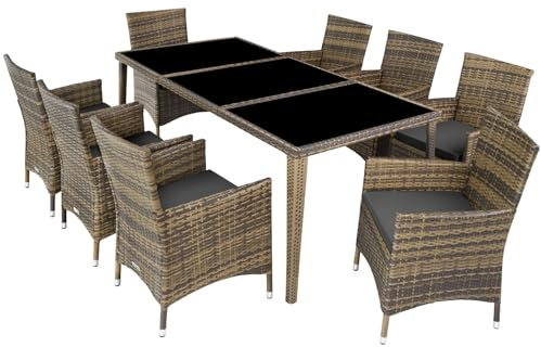 TecTake® Conjunto Jardín Exterior de Ratán y Aluminio, Muebles Jardín Exterior Resistente a la Intemperie, 8 Sillas con Cojines, 1 Mesa con Cristal, 2 Juegos de Fundas y Funda Protectora - Natural