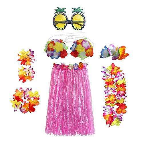 SoftcuteLee Hawaii-Girlanden Hula-Rock-Kostüm-Zubehör-Set Hula-Gras-Rock Lei-Blumen-Lei Luau-Girlande Ananas-Brille-Halskette Kostüm-Kostüm für Kinder Mädchen Frauen Neuheit Luau-Röcke Party – Pink