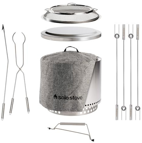 Solo Stove Feuerschale Bonfire Gesamtset 2.0 | Inkl. Raucharme Feuerstelle, Standfuß, Funkenschutz, Abdeckung, Deckel, Griff, Werkzeug, Spieße, Holzverbrennung, Herausnehmbare Auffangschale, Edelstahl