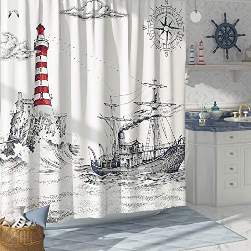 Duschvorhang 120x200 Nautisches Segelboot, 3D Drucken Leuchtturm Shower Curtains Textil Anti Schimmel Wasserdicht Duschvorhänge Badewanne Stoff Polyester Waschbar Lang Vorhang mit 8 Haken