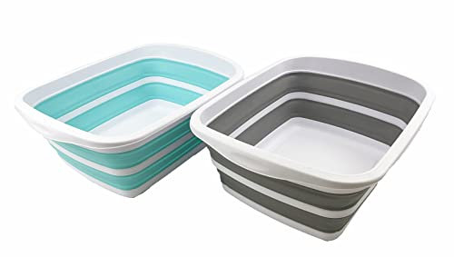 SAMMART 10L Faltbare Wanne – Faltbare Geschirrwanne – Tragbares Waschbecken – Platzsparende Kunststoff-Waschwanne (Grau + Salbeigrün)