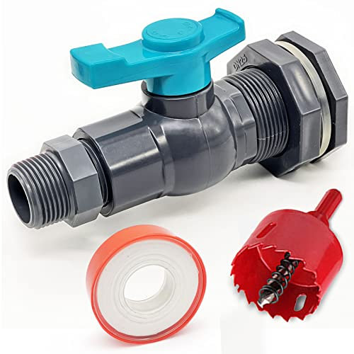 Rain Barrel Spigot Kit with an Hole Saw Include PVC Bulkhead Fitting Ball Valve Thread Seal Tape and Garden Hose Male Threaded Adapter(3/4 Male) for 3/4 Female Threaded Connector(3/4 inch)