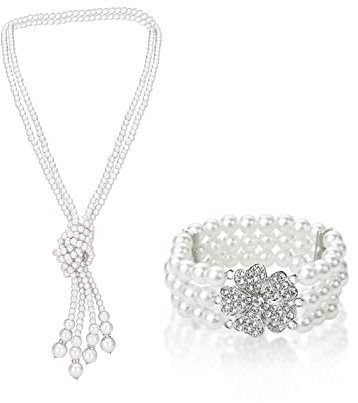 MIVAIUN 1920s Damen Halskette Armband Set Multi Schichte Choker Kristall Armband 1920s Flapper Gatsby Kostüm Accessoires, 20er Jahre Zubehör, Imitation Perlen Kette Elegant Retro Stil (Weiß)