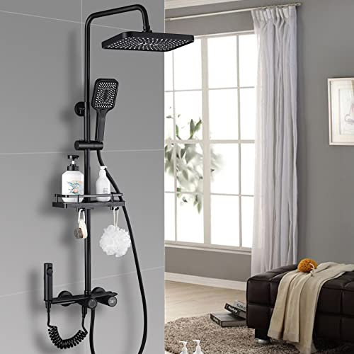 Dnkelar Système de Colonne de Douche Noire en Cuivre, Hauteur Réglable Pour Salle de Bain, Ensemble de Douche avec Étagères et Crochets, Mutlipes modes de douche, Douche de Tête 315x210mm