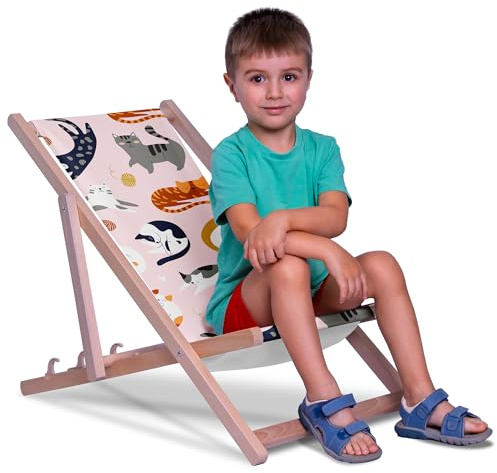 DreamRoots Kinder Liegestuhl Holz Gr. S, Pastel Cats | Klappbarer Campingstuhl faltbar, für Garten & Strand, bis 130 kg, waschbarer Bezug, 100% Polyester, UV-beständig, Kinderliege