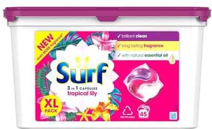 Surf 3-in-1 Tropical Lily Washing Detergent Capsules Brilliant Clean Long Lasting Fragrance and Made with Natural Essential Oil Laundry Detergent XL Pack, 45 Washes (Buy 1)