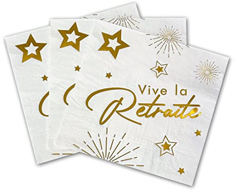Tralala Fêtes® 16 Servietten Vive la Retraite – Einweg-Papierservietten zur Ruhestandsfeier – festliche Dekoration, 33 x 33 cm, aufgeklappt (Weiß & Gold)
