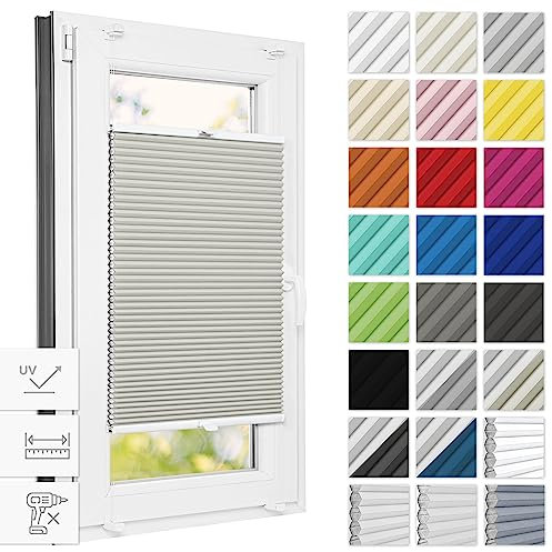 Estika Wabenplissee ohne Bohren verdunkelung 125 cm x 120 cm - Waben: Beige - Weiß - Bruchfeste Klemmhalter, Plisees ohne Bohren Blickdicht, Plissee klemmfix, Verdunklungsplissee