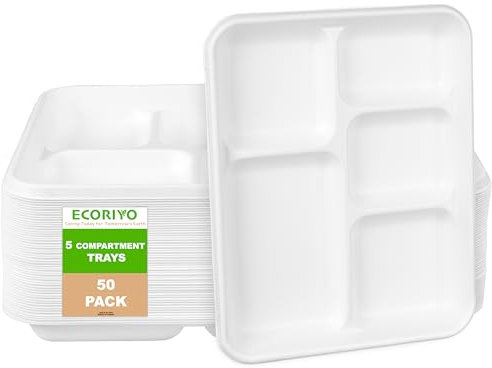 ECORIYO Lot de 50 assiettes jetables en carton avec compartiment – Assiettes jetables compostables en canne à sucre 5 compartiments – 26,4 x 21,6 x 2,5 cm
