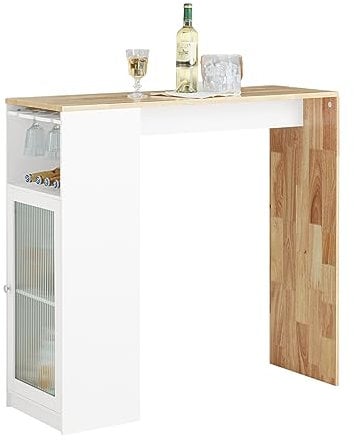 SoBuy FWT99-WN Mesa Alta Cocina Barra Integrada para Bebidas con 1 Puerta de Vidrio 3 Estantes y Soporte de Copas de Vino 108 x 40 x 105 cm Blanco y Madera ES