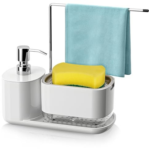 LBTrading Seifenspender Set Küche Spülmittelspender mit Lappenhalter 3 in 1 Pumpseifenspender für Bad Dusche Arbeitsplatte