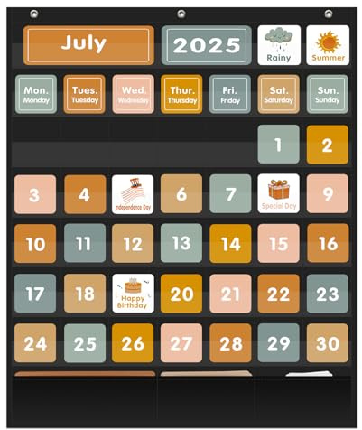 REGELETO Calendrier de poche bohème pour salle de classe avec 92 cartes et 3 crochets, calendrier mensuel et tableau de poche météo pour l'apprentissage des enfants à la maison ou à la maternelle,