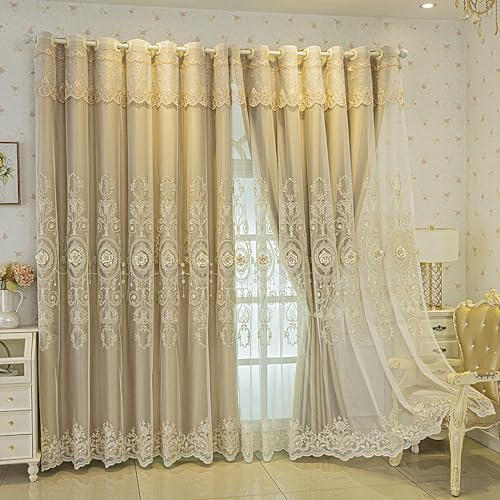 Amidoudou 1 Paar europäische doppellagige Vorhänge für Wohnzimmer Schlafzimmer 3D-Blumenstickerei Vorhänge mit Volant (Gold, 130 x 244 cm)