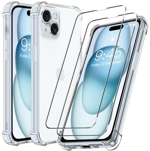 Coque pour iPhone 15, Coque iPhone15 avec 2 Pièces Verre Trempé Protection écran,Transparent Étui de Protection en Silicone Antichoc,Mince Souple TPU Housse Case Cover iPhone 15 (2023)-6.1 Pouces