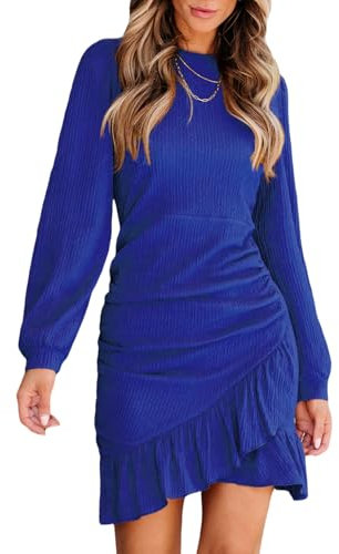 CUPSHE Women's Mini Dress Round Neck Ruffled Hem Ruched Long Sleeve Fitted Ribbed Knit Casual Dress Royal Blue L