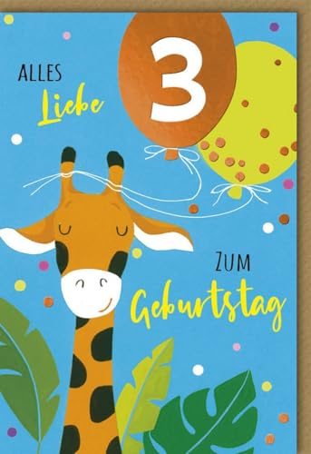 Verlag Dominique Geburtstagskarte 3. Jahre Giraffe mit Luftballons - mit Umschlag