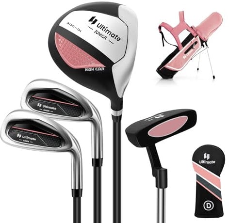COSTWAY 4-teiliges Kinder Golfschläger Set, Rechtshand Golfschlägersätze mit Golftasche & Regenhaube, Komplettes Golf Set inkl. 7 Eisen, S Eisen, 1 Driver & Putter für Kinder von 8-10 Jahren(Rosa)