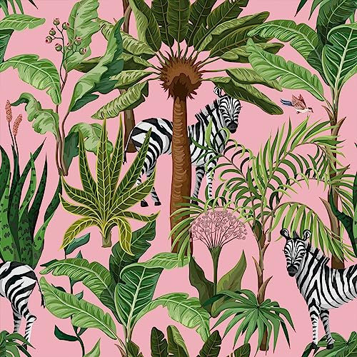 VEELIKE Pink Tropical Wallpaper Floral Zebra Jungle Wallpaper Self Adhesive Palm Trees Wall Paper Patterned Wall Mural Contact Paper for Furniture Kid's Room Bedroom Bathroom Removable 44.5cm×300cm