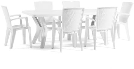 RATTATAN Garten-Essset Samuel Tisch und Diana Stühle für 6 Personen (Tisch + Stühle Weiß)