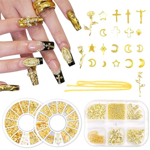 Nayyana 3 Box goldenes Nagel-Charm-Set mit goldenem Kreuz, Stern, Rose und Mond – Y2K 3D-Chrom-Nageldekorationen, Ohrstecker, Nagelkunstzubehör für Nägel, Dekor, Basteln, DIY