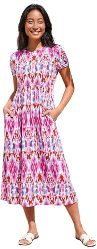 Roman Midi Dress with Pockets for Women UK Ladies Stretchy Jersey Maxi Long Short Sleeve Elasticated Gathered High Waist Boho Flattering Skater Swing Fit Flare - Petite Pink - Size 14