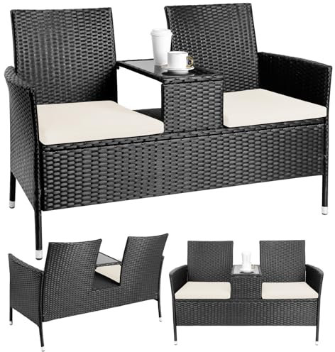 TLSUNNY Polyrattan Gartenbank, Balkonmöbel Set, 2-Sitzer Gartenmöbel Set mit Tisch + Beige Kissen, Rattan Material Balkonmöbel, 124,5X56X82,5cm, Groß, Bequem und Atmungsaktiv, Wetterfest, Schwarz