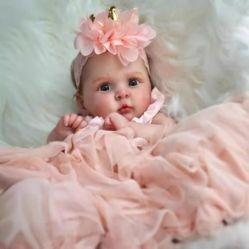 RXDOLL 48CM Realistische Reborn Baby Puppen Mädchen Weicher Körper Neugeborene Babypuppen Die echt Aussehen Leben Baby Puppe Offene Augen Lebensechte Babypuppe mit Prinzessin Rosa Kleid