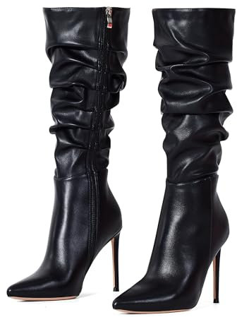 Zhabtuc Stivali al Ginocchio da Donna Stivali Alti al Ginocchio in Finta Pelle Scamosciata 10 cm con Tacco a Spillo e Punta a Punta con Zip Laterale Scarpe Eleganti, nero opaco, 42 EU