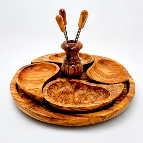 Handcrafted Olive Wood Appetizer Tray with 4 Compartments and Fork Set | Elegant Serving Platter for Snacks, Cheese, and Dips | Eco-Friendly and Durable - Natural Finish | 12 Round