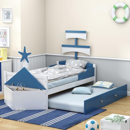 Azkoeesy Bett mit Stauraum Kasten und Ausziehbare Bett, 90 x 200 cm, Kinderbett Doppelbett in Segelbootform, für 2 Kinder und Erwachsene, Blau