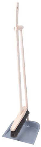 Aqbau® Pelle & Balayette à long manche 79 cm – Gris – balai pelle sans se baisser – balayette bois de hêtre (crin) – pelle métal rebord haut – tient debout – pour parquet, stratifié, carrelage