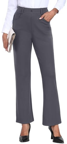 GRECERELLE Ladies Stretchy Work Office Trousers Elasticated Waist Straight Leg Casual for Women UK Yoga Pants with Pockets (Dark Grey, L)