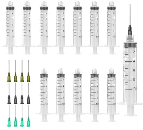 VINEST 12PCS Plastic Syringe, 10ml Industry Syringes with 14G/16G/18G Blunt Needles for Injections, Screw-in Manual Dispensing Syringe with Needle, for Liquids Glue Oil Ink