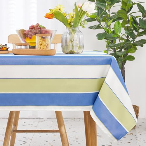Deconovo Striped Table Cloth Wipe Clean Polyester Table Cloth Water Resistant Table Cover for Home Decor 54 x 79 Inch Light Green and Blue