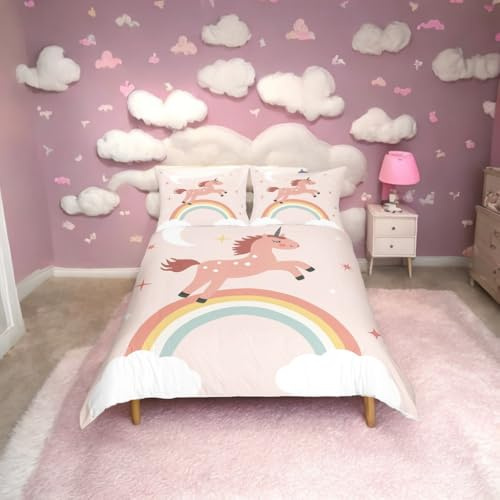 Loussiesd Einhorn Bettbezug 135x200cm Mädchen Cartoon Einhorn Stern Bettbezug für Mädchen Kinder Betten Rosa Wolke Prinzessin Stil Bettwäsche-Set Regenbogen Bunte Streifen