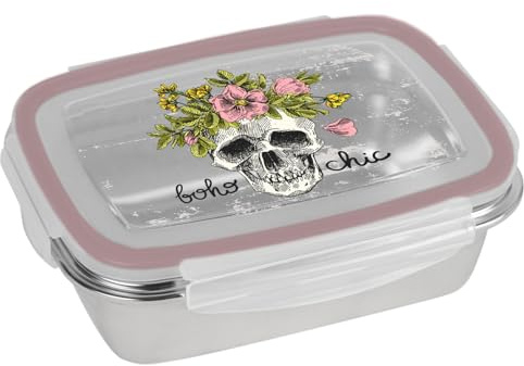 Gedalabels Brotdose Skull bohochic 850ml Edelstahl | Totenkopf | Halloween | Blumen | rosa | chic | Edelstahl | Brotbox | Lunchbox | Rosen | luftdicht | lebensmittelecht