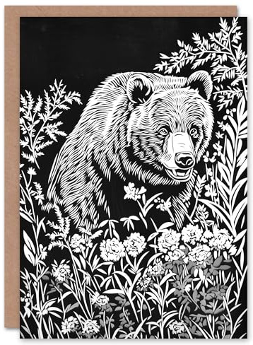 Artery8 Greeting Card Bear in Wildflower Meadow Black White Floral For Her Woman Birthday Card
