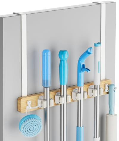 Lorbro Soporte para escoba, soporte para escoba y fregona con 2 ganchos para puerta, colgador de escoba de madera, organizador de herramientas para lavandería, garaje, armario, decoración de cocina, 4