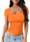OOHOKAY Women's Basic Short Sleeve T-Shirt Square Neck Slim Fit Solid Color Tee Tops Y2K Summer Crop Top Casual Wear XS-XXL(Bright Orange-U3,M)