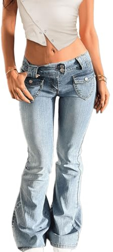 Low Rise Flare Jeans for Women Baggy Y2K Stretchy Bell Bottom Denim Pants 90s Vintage Washed Jeans with Pockets