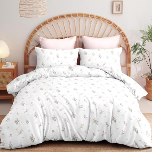 Freyamy Blumen Bettwäsche 135x200cm 2teilig Weiß Rosa Grün Tulpen Floral Mädchen Wendebettwäsche Set Microfaser Blumenmuster Kinder Bettbezug mit Reißverschluss und Kissenbezug 80x80cm