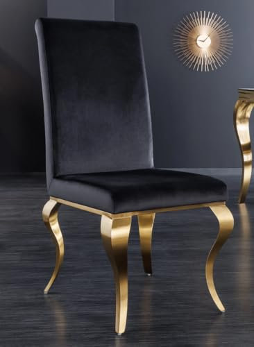 Bador Decoration Eleganter Esszimmerstuhl, Schwarzer Samt, Goldene Barock-Beine, Hohe Rückenlehne