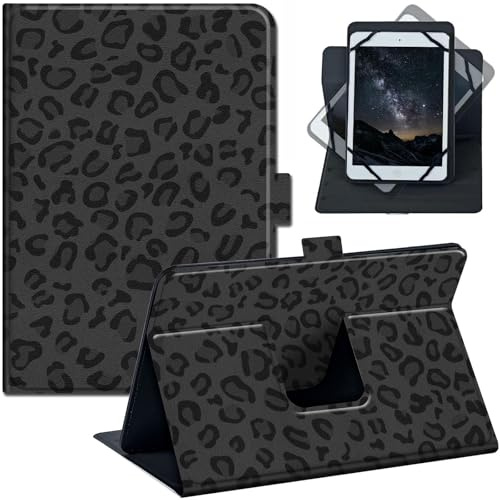Universal 10 Inch Tablet Case, 10.1 Inch Tablet Case with 360 Rotating Stand, PU Leather Folio Cover, Compatible with Fire HD 10 2023, Galaxy Tab, iPad 9th/ 8th, Black Leopard Print