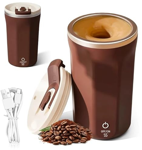 GOEDCH 304 Vaso agitador automático de acero inoxidable 400 ml: taza magnética recargable con USB, taza autoagitable portátil para café/té/chocolate caliente/leche (marrón)