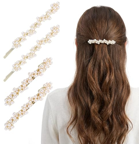 4 Stück Französische Haarspange Gold, Haarspange Klein Automatisch Perlen Hair Clip Haarklammer Gold Vintage Haarspangen Perlen Haarschmuck Klemmbrett für Frauen Mädchen Hochzeiten(Zwei Stile)